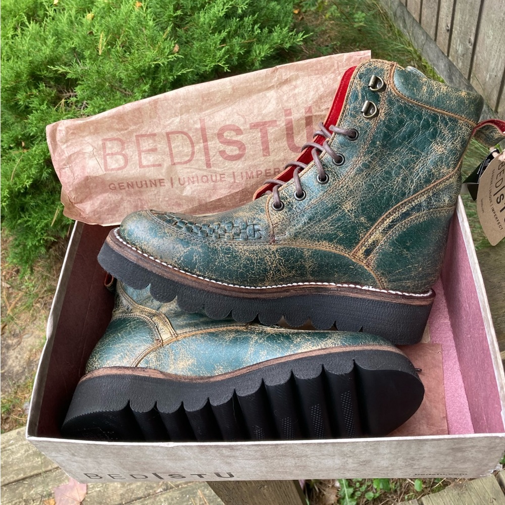 BED STU Boots ELISHA II Leather Green Dark Teal Lux Platform Size 8
